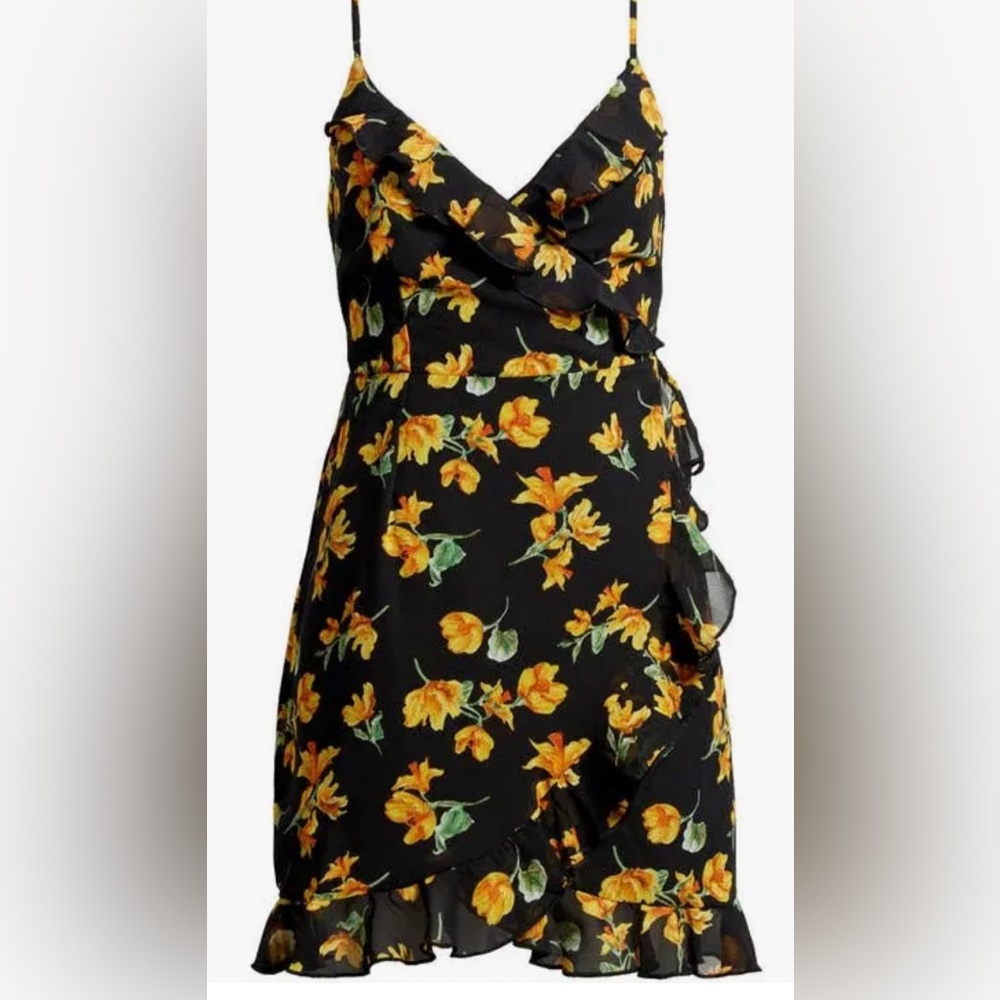 Sexy little black sun wrap-dress with pretty yellow flowers NWOT